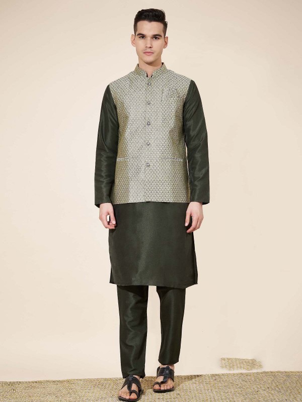 Dark Green Pure Silk Readymade Kurta Pajama With Jacket